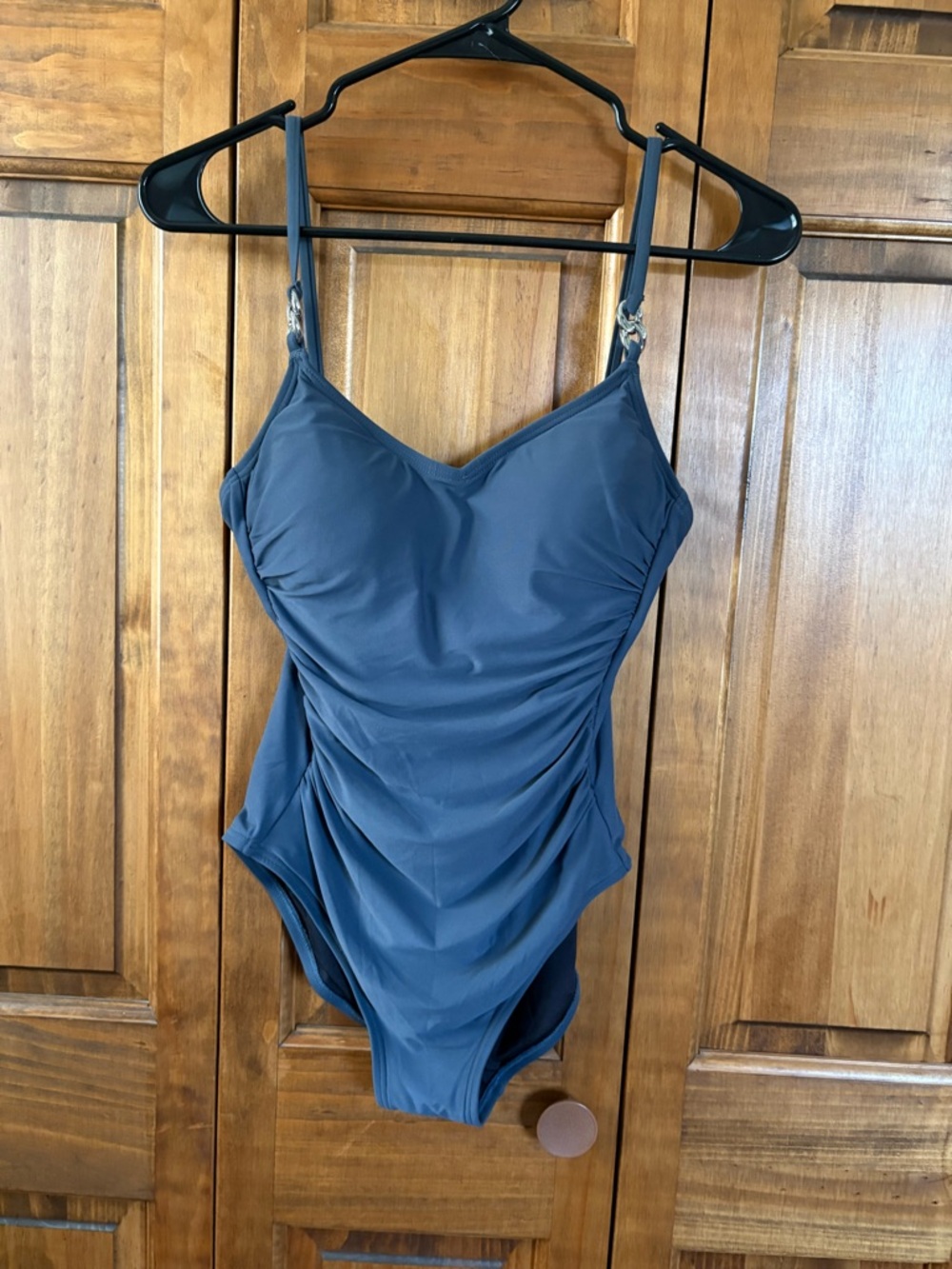 MICHAEL Michael Kors Slate Gray Ruched One-Piece Swimsuit with Gold Hardware